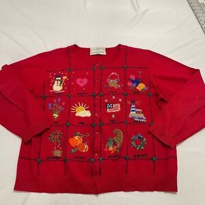 Marisa Christina Red VTG Embroidered 12 Holiday Months Sweater Cardigan Sz L XL